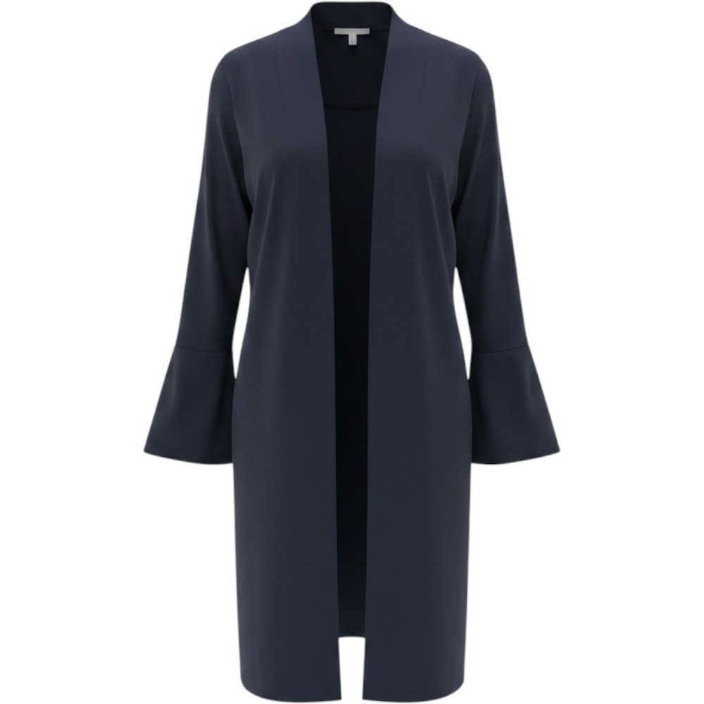 NWT Chicos Long Jacket Women Size 4 Navy Blue Ruffle Cuff Open Front Textured